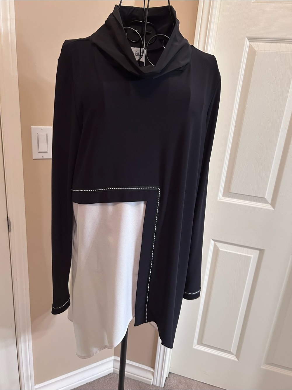 Joseph Ribkoff Black and White Asymmetric Cowl Neck Tunic